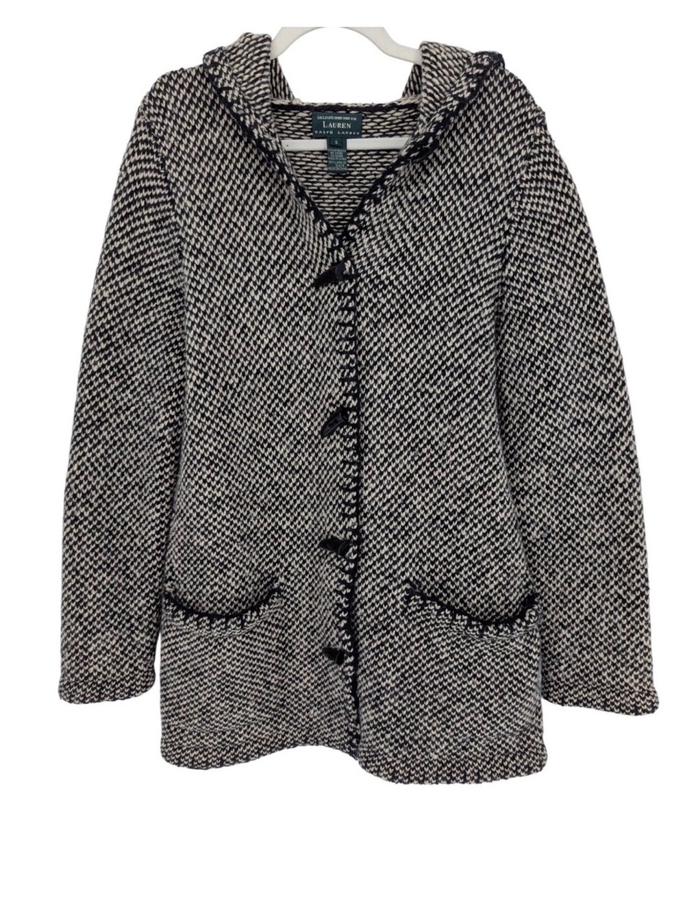 Lauren Ralph Lauren 100% Lambswool Cardigan Sweater Hooded Coat Knit Large